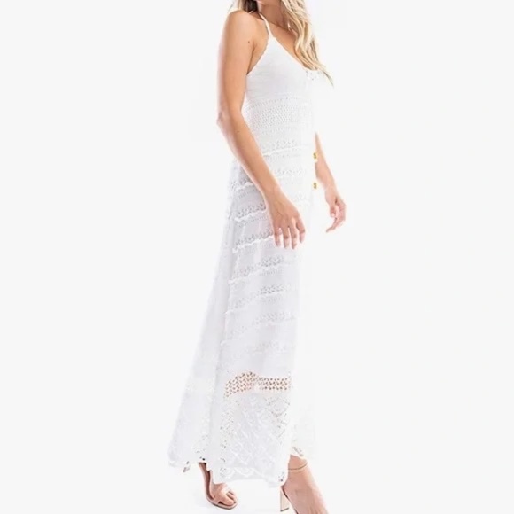New SOLITAIRE White Crochet Knit Maxi Dress Lightweight Halter 100% Cotton NWT - Picture 2 of 7